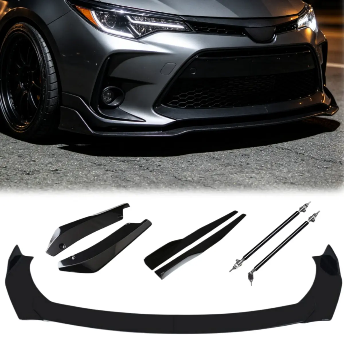 for Toyota Corolla, Levin, 2015-2025 Camry, Avalon, Mark X, C-HR - 9PCS / 7PCS Glossy Front Bumper Lip Splitter Kit, Adjustable 4-Section Front Chin Spoiler, Side Skirt & Rear Bumper Lip Protection Spoiler