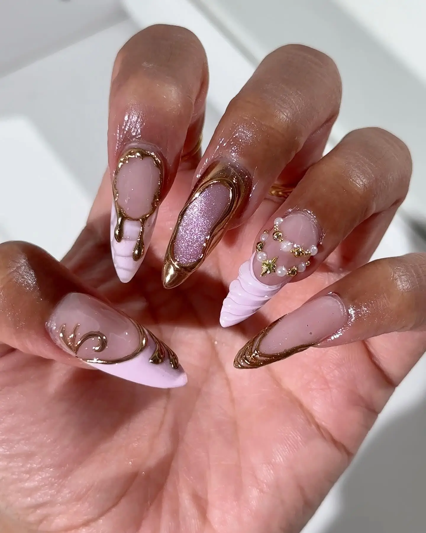 [LIMITED LAUNCH DEAL] Pink Chrome Press On Nails with Gold Drip, Pearl Charm | Long Almond Fake Nails | Trendy Y2K Handmade Nails Art For Every Wear Or Gift