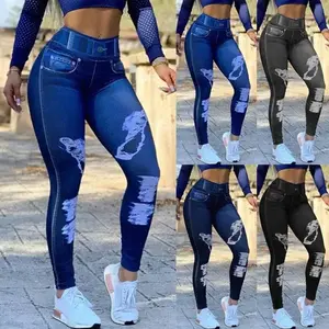 Elastic Imitation Denim Sports Leggings casual jean