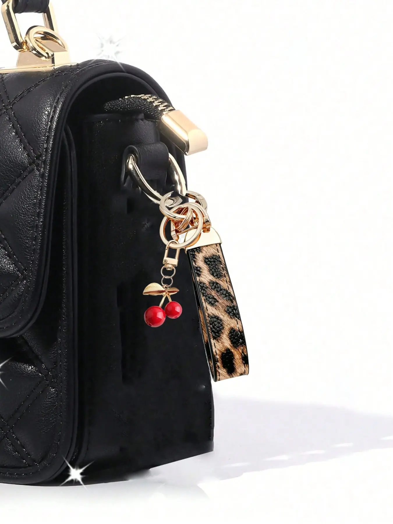 Leopard Print Leather Car Keychain with Cute Cherry Pendant, Durable and Stylish Backpack Accessory, Perfect Gift for Valentine's and Birthdays