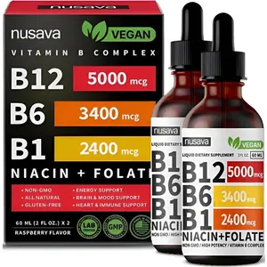 (2-PACK) Vitamin B12 Liquid Supplement Drops with B6, B1, Niacin & Folate - Edible Support for Energy, Brain & Heart, Non-GMO & Gluten-Free, 4 Fl Oz Fitness Dietary NUSAVA