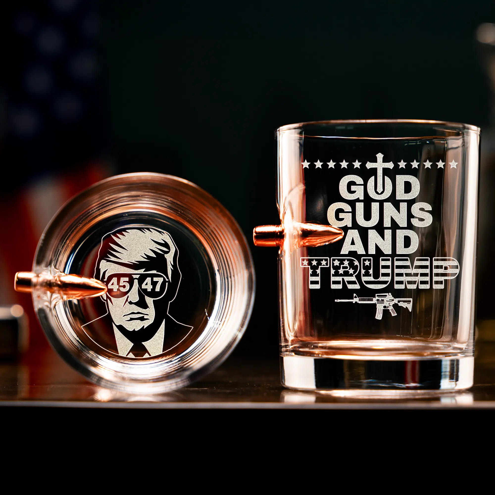 God Guns and Trump Bullet Whiskey Glass – 45/47 Patriotic Trump Rocks ...