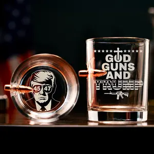 God Guns and Trump Bullet Whiskey Glass – 45/47 Patriotic Trump Rocks Glass with Embedded Real Bullet