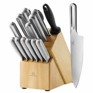 Stainless Steel Knife Set With Wooden Block Sharp Edge Anti Slip Handle Full Kitchen Tool Set Precision Cutting Performance For Home Cooking Meal Prep Professional Kitchen Use Durable Construction Chef Utility Bread Slicing Chopping Everyday Cooking