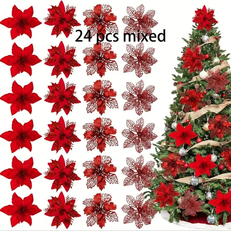 24 Festive Artificial Flowers with Clips, Realistic and Tree Decorations, Perfect for Christmas Parties, Christmas Ornaments, No Power Needed