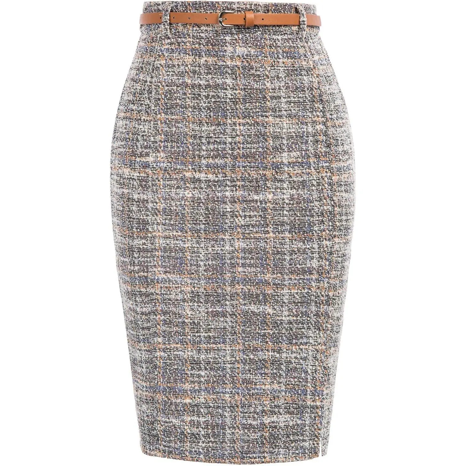 Kasin Women's Tweed Pencil Skirt Knee Length High Waisted Skirts with Slit Elegant Skirts with Belt