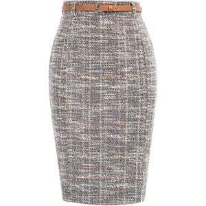 Kasin Women's Tweed Pencil Skirt Knee Length High Waisted Skirts with Slit Elegant Skirts with Belt