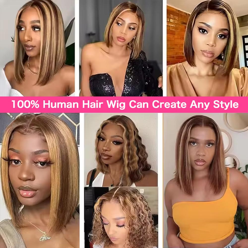 4/27 Highlight Ombre Bob Wig Glueless Ready Wear Go Wig Straight Honey Brown 6x4 HD Lace Front Wig 180% Short Bob Wig Pre plucked Natural Hairline Beginner Friendly Wig for Women