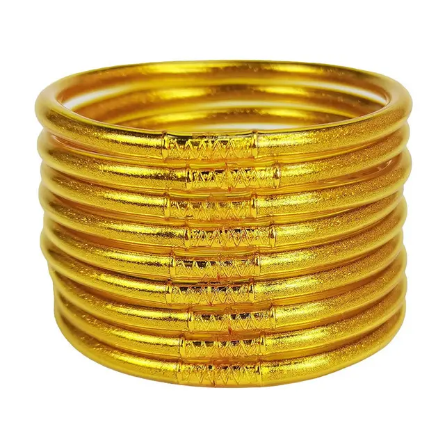 Glitter Gold Powder Jelly Bangles, 9Pcs PVC Silicone Tube Round Bracelets Set, Fashion Commuter Stackable Resin Wristbands