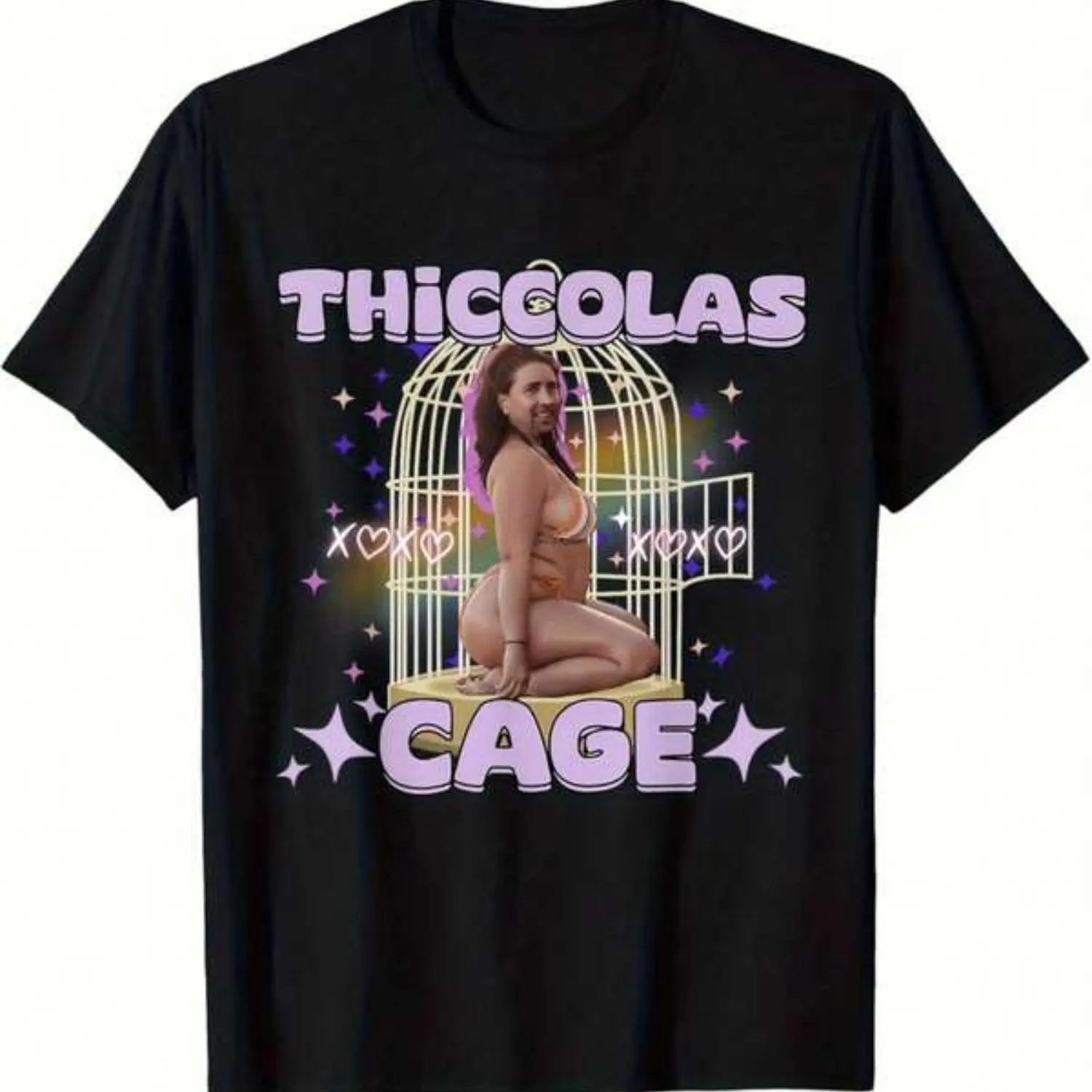 Thiccolas Cage Meme Graphic Women's T-Shirt - 100% Cotton, 220g Retro Street Style, Casual Round Neck Short-Sleeve Tee, Perfect for New Year, Halloween, Christmas, Daily Wear & Holiday Gifts