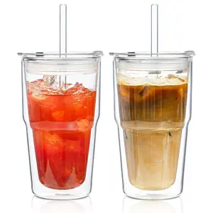 KEMORELA 2 Pack Double Wall Borosilicate Glass Tumblers 16oz Insulated Iced Coffee Cups with Lids and Straws Reusable Smoothie Boba Drinking Glasses Dishwasher Safe