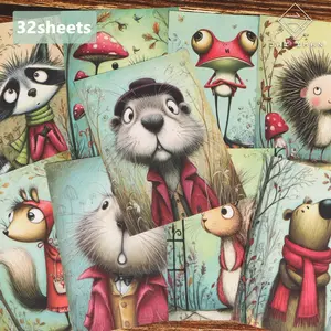 JAIIMAN 32sheets Whimsical Woodland Animal Junk Journals Pages, with Fox, Rabbit, Squirrel, Hedgehog, Frog, for Scrapbooking Supplies, Handmade Waste Diary, DIY Crafts, Card Making, Scrapbook Accessories, Picture Frame Decoration, Notebook Covers