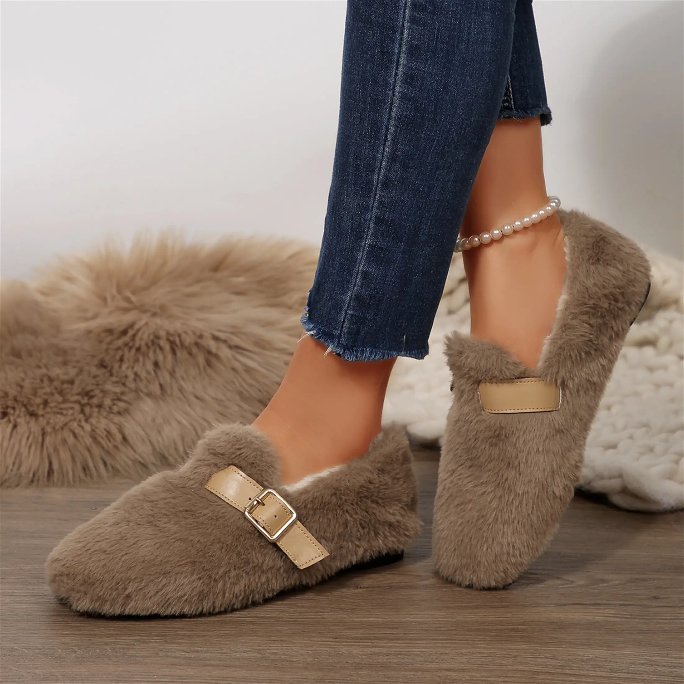 Women's Plush Buckle-Accented Loafers Soft Fuzzy Slippers Shoes for Indoor & Outdoor Wear