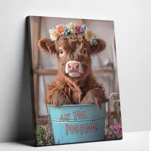 Funny "Are You Pooping" Highland Cow Canvas Wall Art | Unframed Bathroom Toilet Poster | Cute Farmhouse Restroom Decor Print