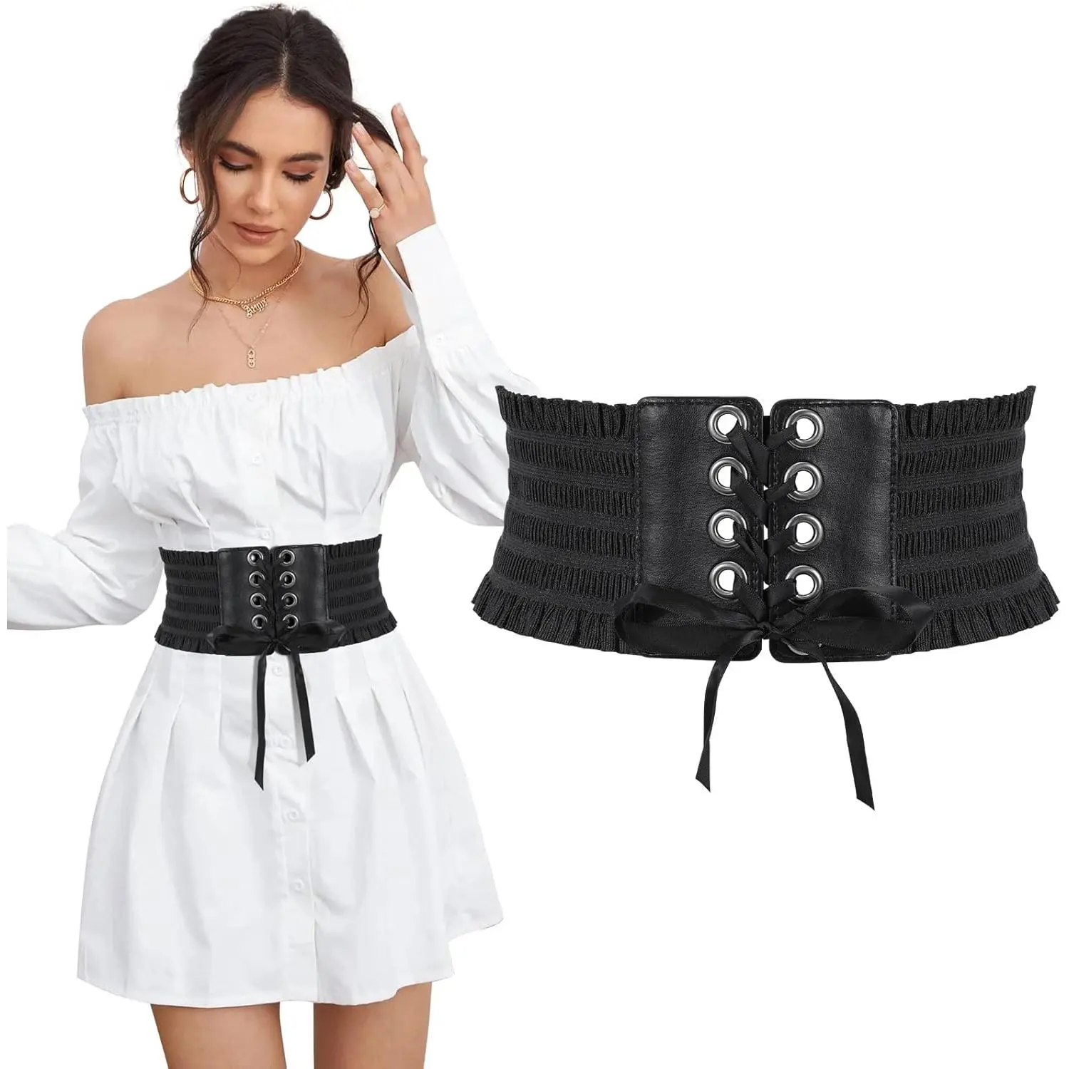 Women's Wide Elastic Lace-Up Fashion Waist Belt - Tied Corset Belt for Dresses, Women Fashion Accessory