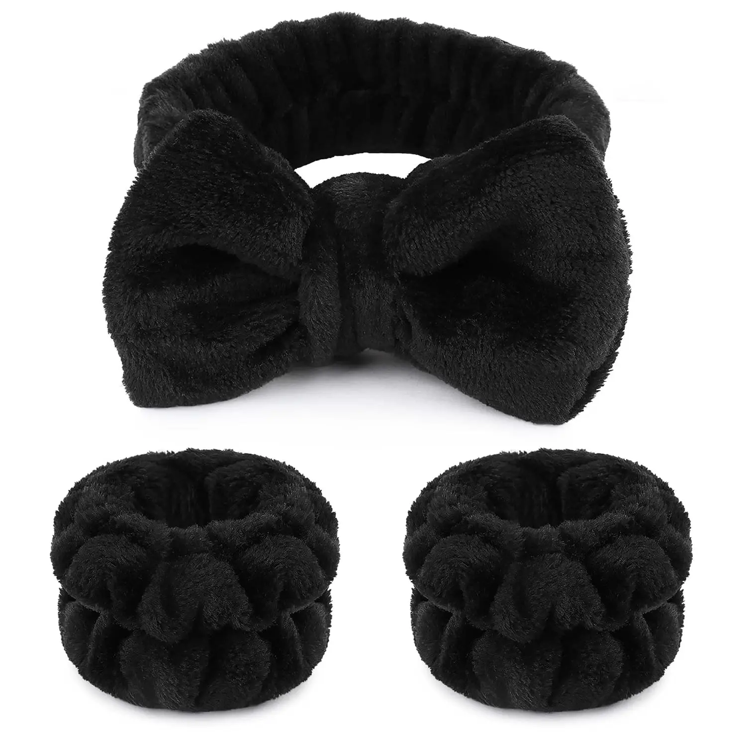 Plush Fabric Statement Bow Headband with Matching Wrist Bands - Soft Touch Skincare Accessory for Face Washing, Sleepover Parties, Plush Fabric Headbands, Statement Bow Headbands