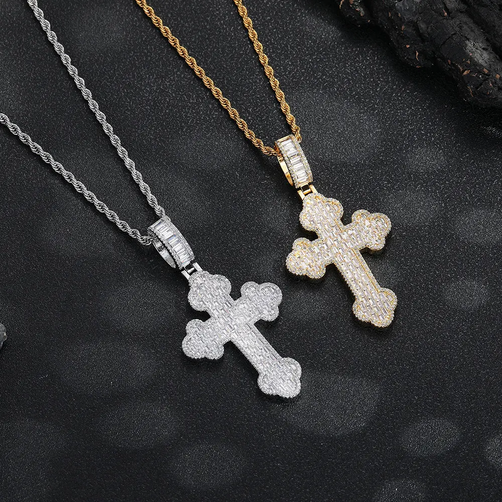 Classic Budded Cross Pendant with Zircon Stones - Vintage Aesthetic Iced-Out Statement Charm for Male Wear Hip-Hop Look Streetwear Jewelry