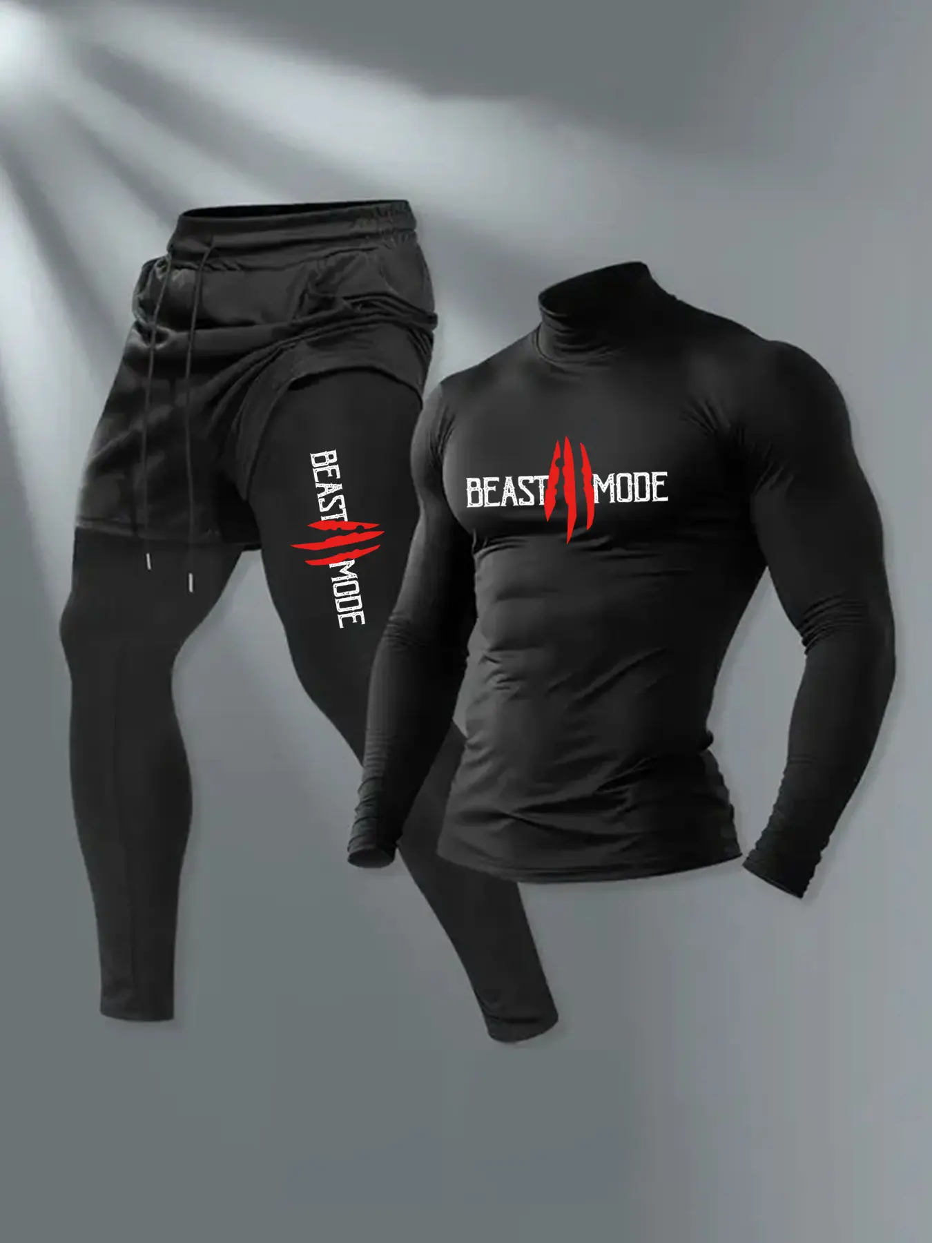 Men's High Neck Long Sleeve Fitted Top & Sports Pants Set, Casual Style, Fall & Winter, Trendy Beast Mode Attitude, Fitness Wear, Athletic Workout Set, Streetwear Tracksuit Set, Athleisure Tracksuit Outfit, Workout Sportswear, Sweatsuit Outfits