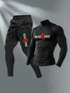 Men's High Neck Long Sleeve Fitted Top & Sports Pants Set, Casual Style, Fall & Winter, Trendy Beast Mode Attitude, Fitness Wear