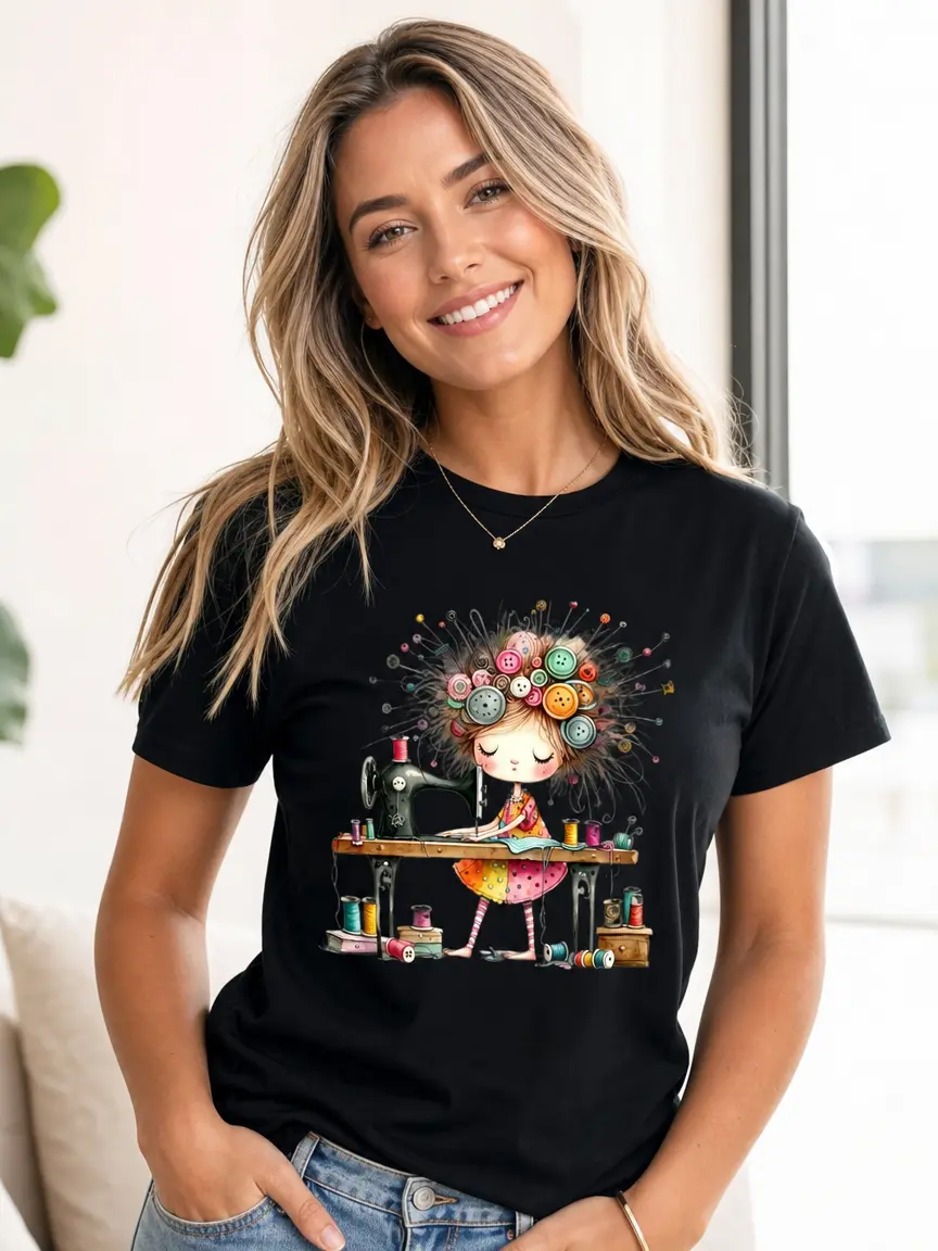 Women's Short Sleeve Soft Cotton Crew Neck Graphic T-Shirt - Playful Imagery Watercolor Cartoon Messy Button-Hair Girl Sewing on Vintage Machine, Fitted Cut, Everyday Casual Top, Cold & Machine Washable