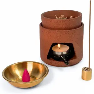Ceramic Oil Burner with Bowl Set, Tealight Wax Melt Warmer & Essential Oil Burner, Rustic Matte Home Fragrance Decor for Bedroom, Desk, Tea Table, Meditation Corner