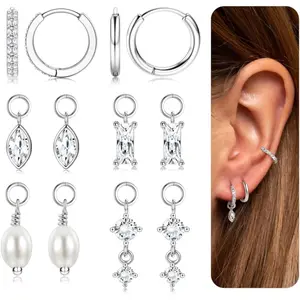 MILACOLATO 14K Plated Gold Huggie Earrings and Charm Set for Women,Hypoallergenic Hoop Dangle Earrings,Mix and Match Earring Pack,Dainty Huggie Hoop Earrings for Multiple Piercing