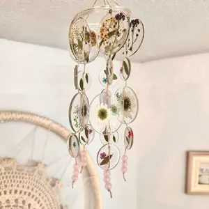 Resin Light Catcher Wind Chime with Pressed Flowers and Beads in Multiple Colors for Home Decor