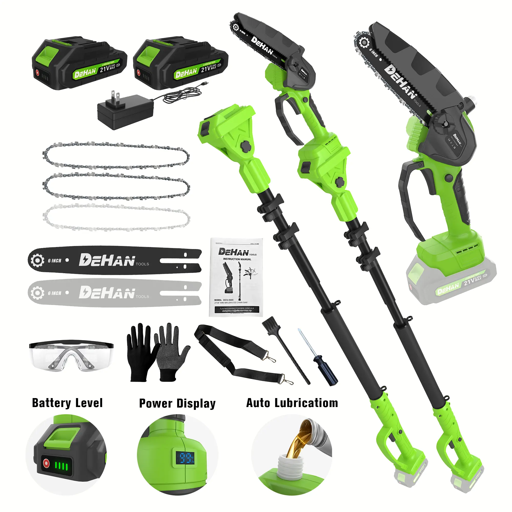 2-in-1 Portable Extendable Wood Chainsaw & Mini Chainsaw Tool Kit with Batteries, 15-ft Reach Rotatable Multi-Angle Extension Pole Garden Power Tool for Tree Trimming, Includes Goggles, Power Tools