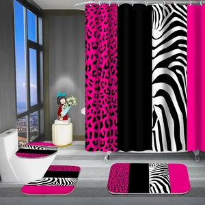 4 Pcs Rosy Leopard Print Bright Style Bathroom Shower Curtain Set, Including Shower Curtain, Bath Mat, U Shape Mat, Toilet Lid Cover Mat and 12 Hooks