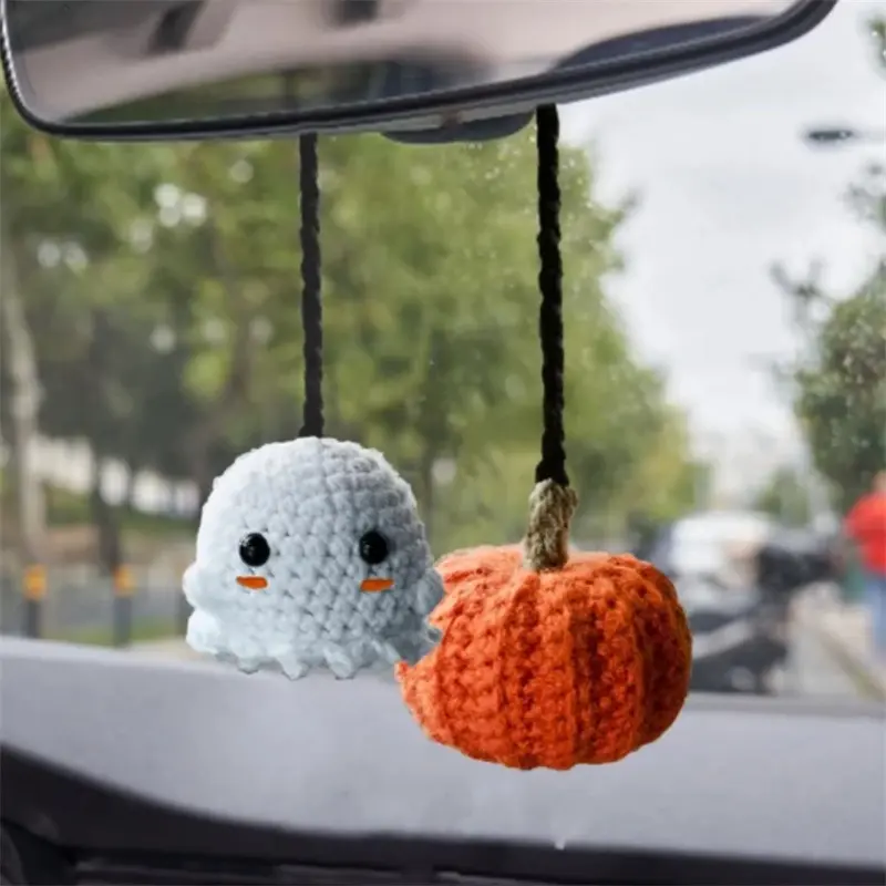 Handmade Crochet Ghost-Shaped & Jack-O'-Lantern Pumpkin Hanging Ornaments, Cute Car Accessories, Rear View Mirror Charm for Halloween Fall Spooky Season Amigurumi Decor, Artificial Pumpkin Hanging Ornaments
