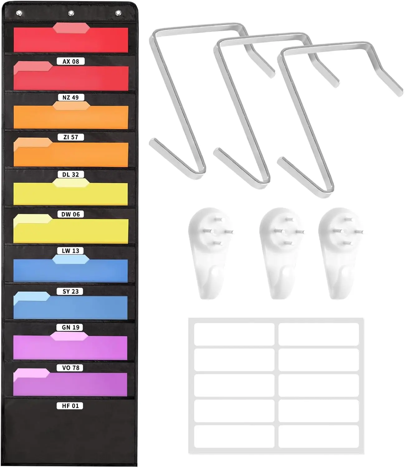 SUNEE 10-Pocket Hanging File Organizer, Black Office Supplies Holder with Wall Hangers, Over-The-Door Hooks & Labels – Stationery Storage Organizer for Paper-Based, Receipt, Stack-of-Books Files (Space Saver for Office, Classroom), Paper-Based Hanging Wal