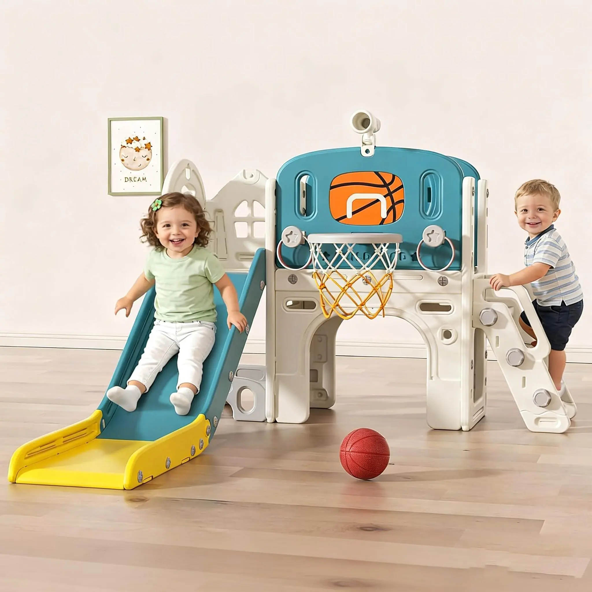 BIERUM 9-in-1 Durable Toddler Playground Equipment, Foldable Climber Slide Set for Ages 1-3 with Basketball Hoop, Ring Toss, Indoor Outdoor Use, Toddler Gifts