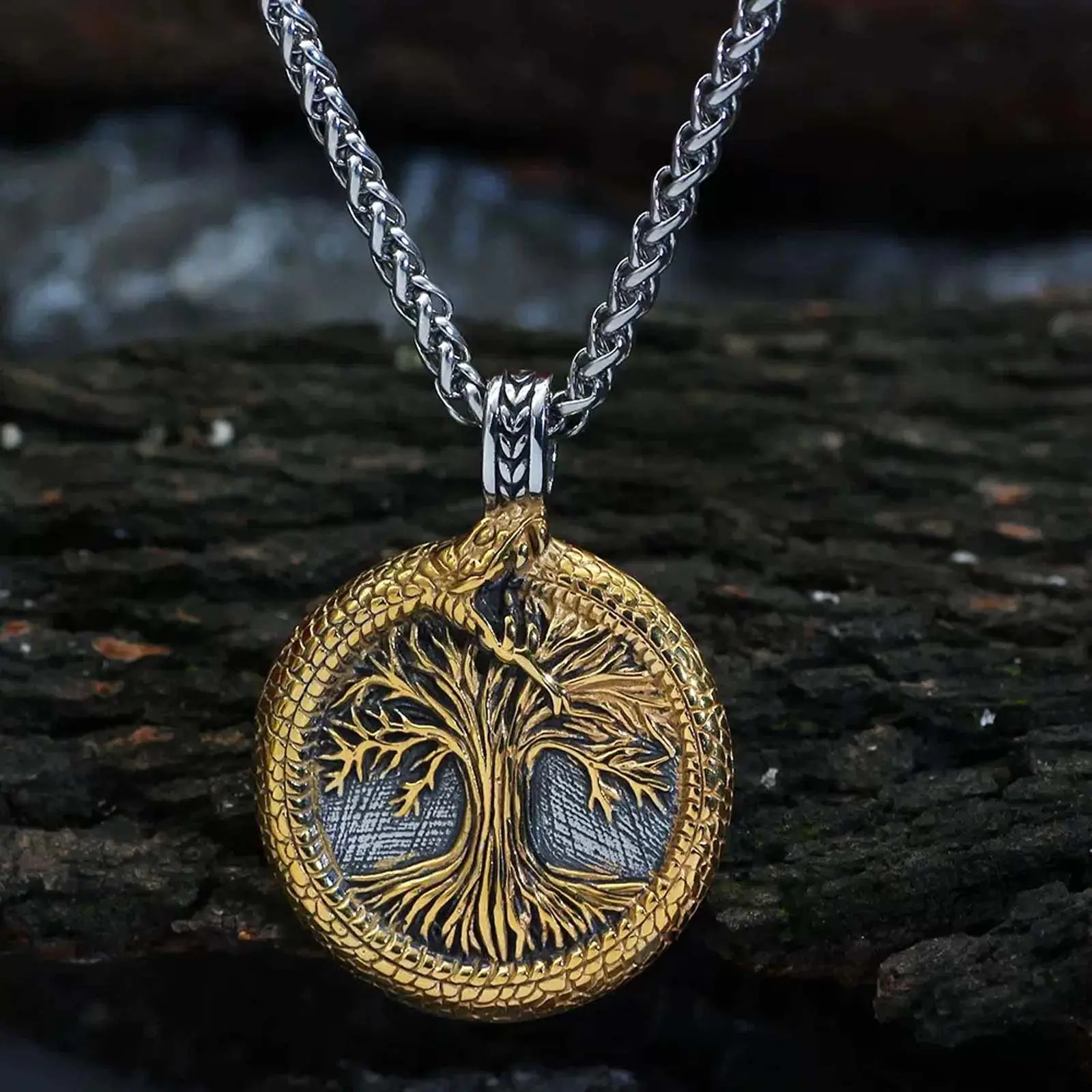 Casual Round Necklaces for Men | Silver Tree of Life Pendant with Edgy Snake Wrap Detail on a Polished Sweater Chain, Male, Metal Coated, Daily, Accessory Necklace, Fashion Accessory Necklace