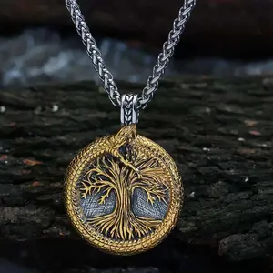 Tree of Life Round Necklace Silver Snake Wrap Sweater Chain Mens Jewelry