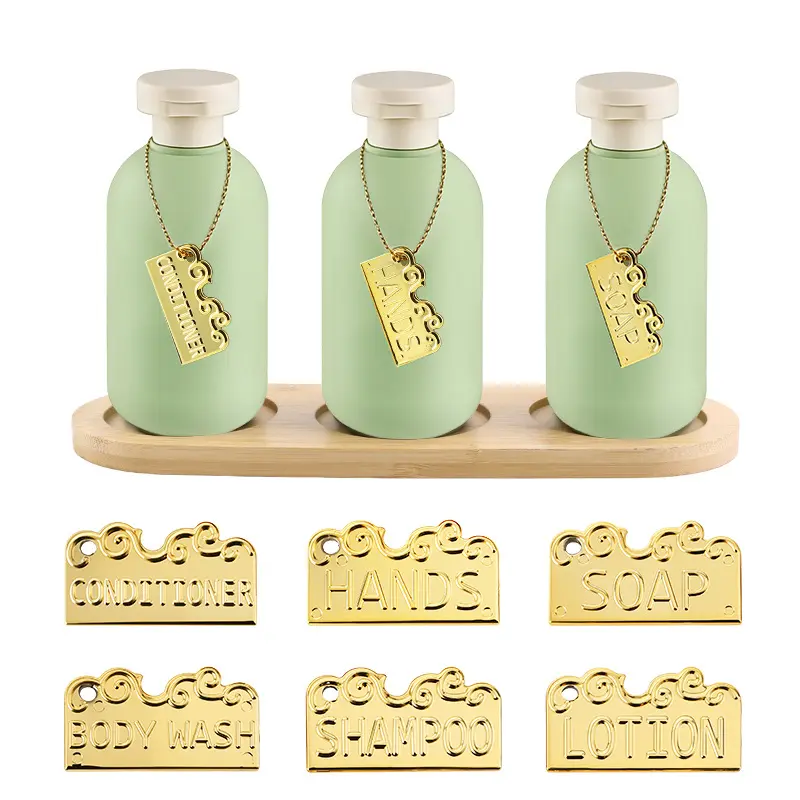 Modern Green Bathroom Dispenser Set with Tray & Golden Tags - 3 Pack Reusable Bottles for Hands, Soap, Conditioner - Stylish Vanity Accessory for Minimalist, Decorative Countertop Organizer for Bathroom Vanity, Shower, and Kitchen Sink
