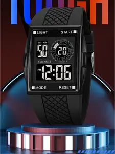 Men's Street Fashion Square Digital Watch Grid Textured Silicone Band, Large Digit Display, Dual Time & Multi-Function (Alarm/Chronograph/Timer), 30M Water Resistant, Backlight Display, Ideal for Sports & Daily Wear