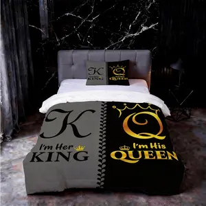 King & Queen Themed Couple Comforter Set, 2/3 Pieces, Black & Gray Split Color Quilted Double Bed Comforter with Pillowcases, No Pillow Insert, Romantic Valentine's & Anniversary Gift Bedding Set for Couples Bedroom Decor