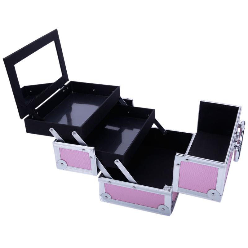 Aluminum Makeup Train Case Jewelry Box with Mirror Pink Lockable Handle Accordion Style Fold Out Compartments Compact Design Travel Essentials
