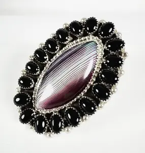 TWILIGHT MAJESTY RING STAMPED BY CYNTHIA BEGAY - BLACK ONYX AND BOTSWANA AGATE SIZE 8 (MW53)