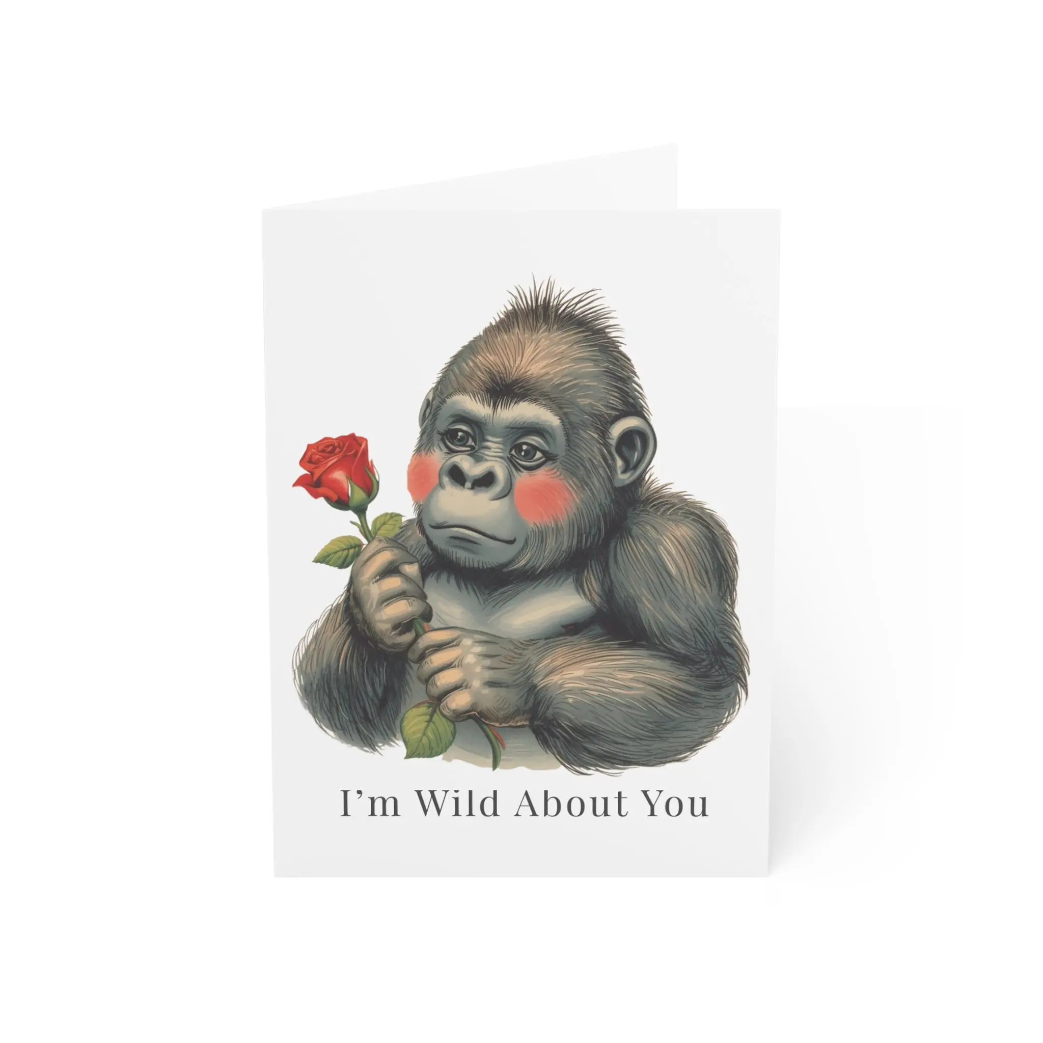 I'm Wild About You Valentine Card - Adorable Shy Gorilla Holding Red Rose for Romantic Gestures, Valentine's Day, Anniversaries, and Crushes