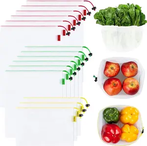 A set of 15 reusable mesh agricultural product bags - environmentally friendly - washable and transparent - with colored tar weight labels -3 sizes