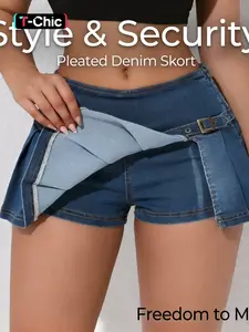 Women's High Waist A-Line Skirt Bottom Summer New Style Slimming Fit Versatile Denim Pleated Half-Sleeve Short Dress Fashion