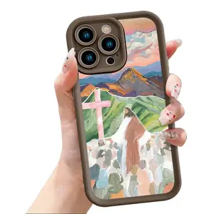 Artistic Christian Mountain Cross Painting Phone Case for iPhone 17 16 15 14 Pro Max 13 12 11 XR XS Plus Air | Slim Shockproof Anti Scratch TPU Protective Cover | Faith Inspired Art Phone Accessory