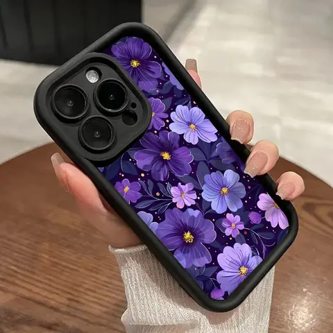 Purple Flowers Pattern Soft Non-Slip Silicone Shockproof Phone Case for iPhone 16,15,14 Pro,14 Pro Max,13,12,11,XR,XS Plus - Anti-Drop, Full Camera Protection, Slim Profile, Easy Pocketing, Durable Accessory