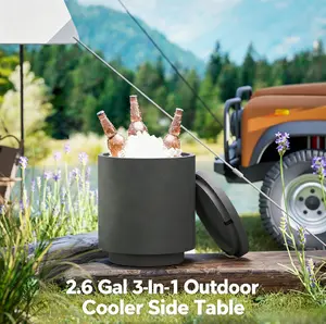 2.6 Gal 3-In-1 Outdoor Cooler Side Table, Charcoal Gray Concrete Patio Cool Bar Table with Removable Ice Bucket, Lid and Storage