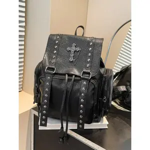 Soft Leather Backpack, Dark Gothic Cross Chain Commuter Bag, Unisex Casual Daily Use Shoulder Bag, Trendy Backpack