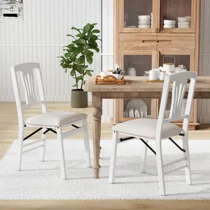 COSTWAY - Folding Kitchen Chairs Set of 2 Upholstered Dining Chairs with Comfy Padded Seats-White