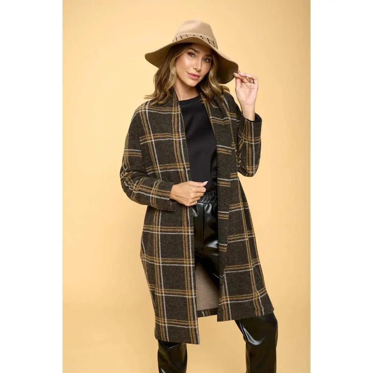 Charcoal Plaid Coat with Buttons and Pockets