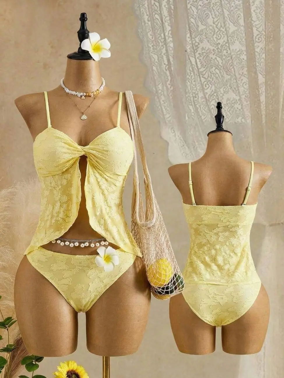 Bellisia Lemon Yellow 3D Floral Jacquard Tankini Swimsuit | Twist-Front Split Flyaway Cami Top | Tummy-Smoothing 2-Piece Bathing Suit