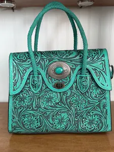 Turquoise Hand-Tooled Genuine Leather Handbag